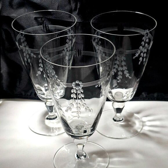 3 Art Deco Kusak Ice Tea Glasses 6.5" handcut flowers lines cut glass handblown - Picture 3 of 7